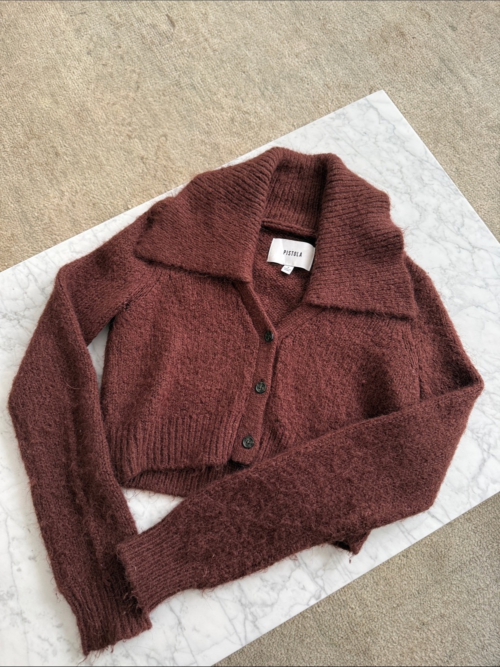 pistola Cropped V-Neck Cardigan Sweater in Deep Brown